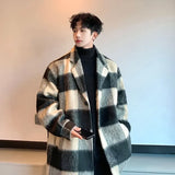 Plaid Woolen Trenchcoat Men Autumn Winter Fashion Retro Streetwear Suit Collar Loose Casual Trendy Trench Coat Outerwear