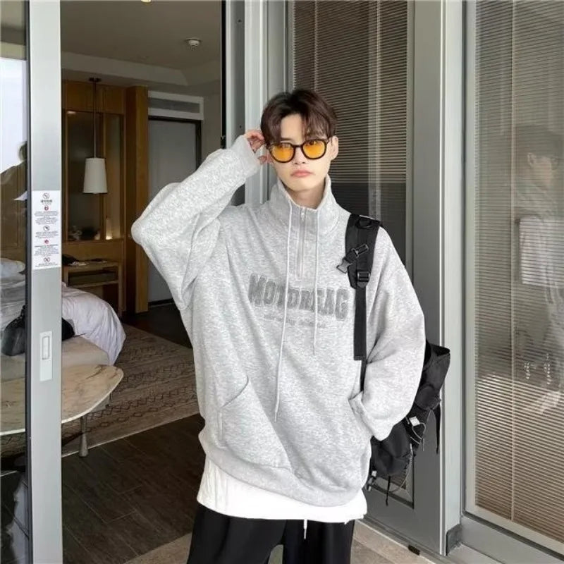 Street Half Zip Hoodie Mens Spring New Vintage Letter Embroidery Loose