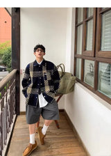 checkered varsity coat, layered streetwear look, trendy