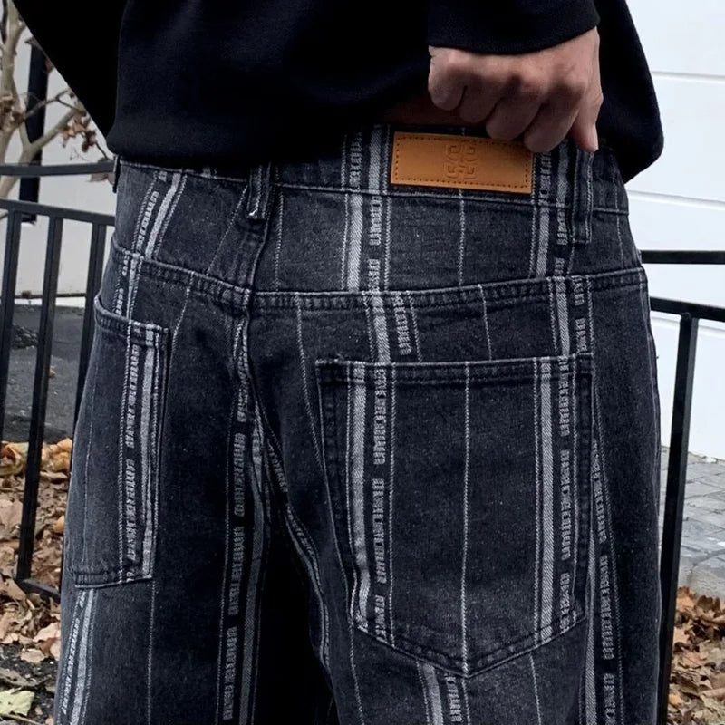 men streetwear brand fashion hip hop loose casual straight stripe motorcycle denim jeans pant cityboy y2k jeans trousers denim street jeans