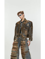 2 pieces sets mens dirty graffiti wide shouder denim jeans jacket coat and ripped holes wide legs pants joggers streetwear sets unique joggers style 4554