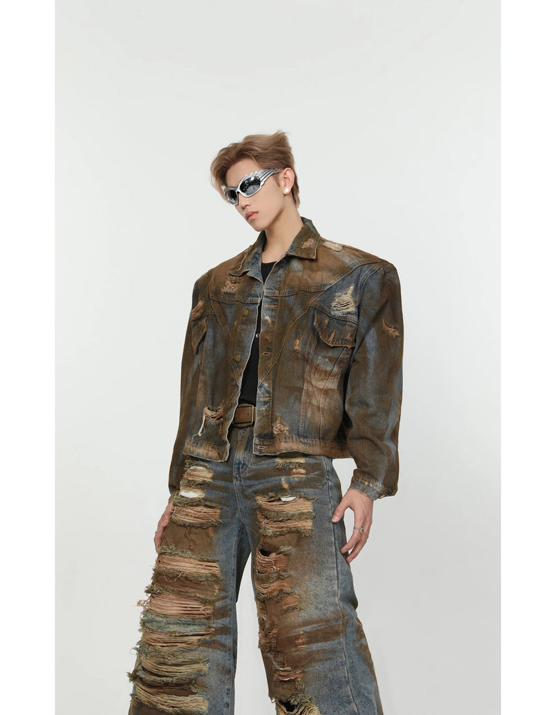 2 pieces sets mens dirty graffiti wide shouder denim jeans jacket coat and ripped holes wide legs pants joggers streetwear sets unique joggers style 4554