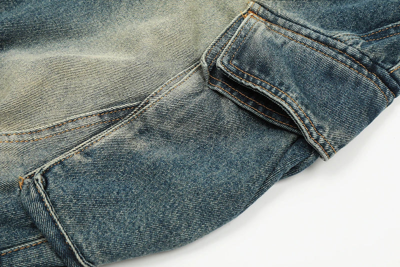 streetwear side pockets pleated washed blue jeans unisex straight baggy y2k denim pants ropa hombre casual cargo pants oversized unique cargo style 1204