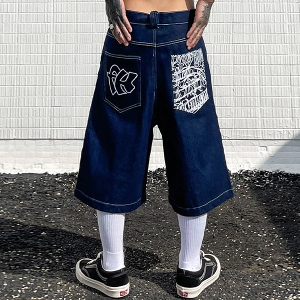 hip hop pockets embroidery letter print jeans shorts for men summer retro oversized wide leg denim knee lenght pants ripped baggy denim