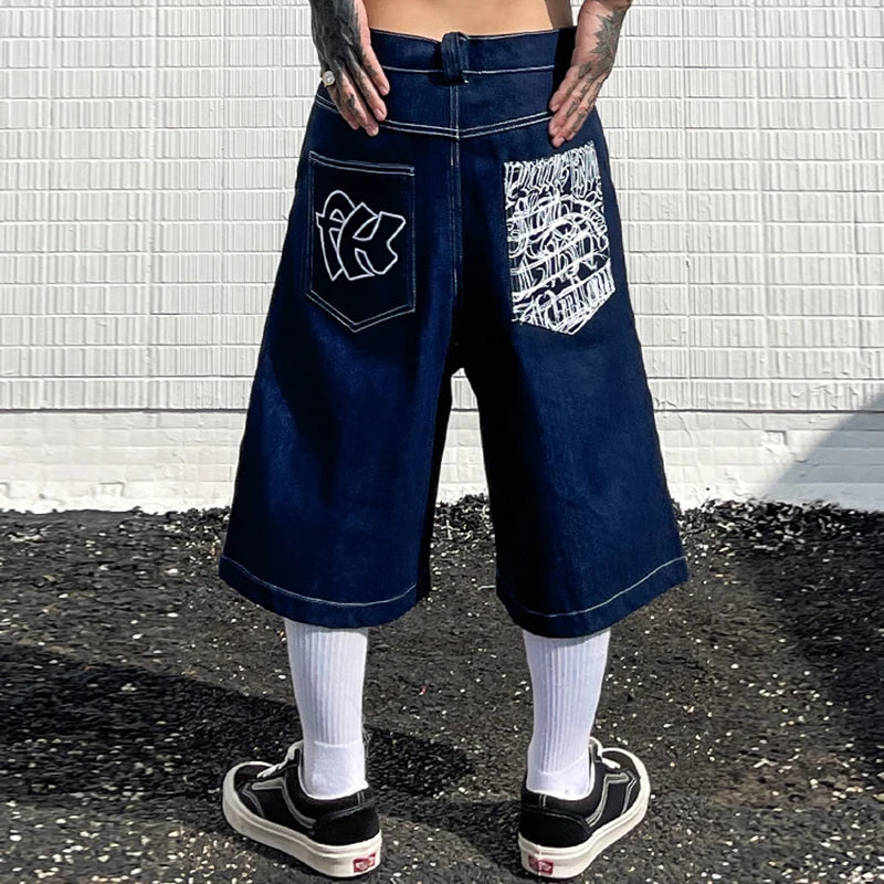 hip hop pockets embroidery letter print jeans shorts for men summer retro oversized wide leg denim knee lenght pants ripped baggy denim
