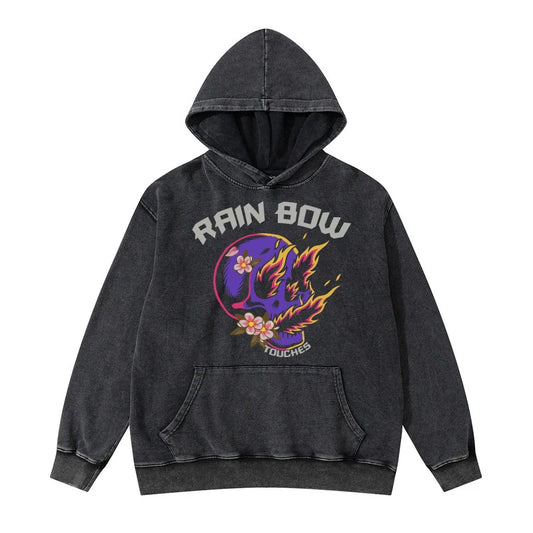 Rainbowtouches Washed Hooded  Fashion Skull Design Sweatshirts Print High Street Cotton Fashion Occident Stylish Black Clothing
