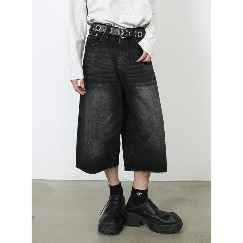 men summer streetwear fashion loose casual wide leg denim calf length jeans pants male vintage jeans baggy hosen pants ripped baggy denim