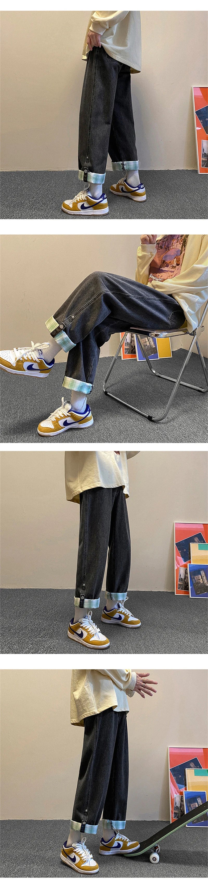 autumn plaid cuffs wide leg jeans for men high street fashion straight denim pants mujer elastic y2k baggy blue jean trousers unique jeans style 844