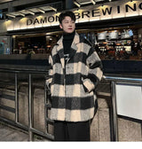 Plaid Woolen Trenchcoat Men Autumn Winter Fashion Retro Streetwear Suit Collar Loose Casual Trendy Trench Coat Outerwear