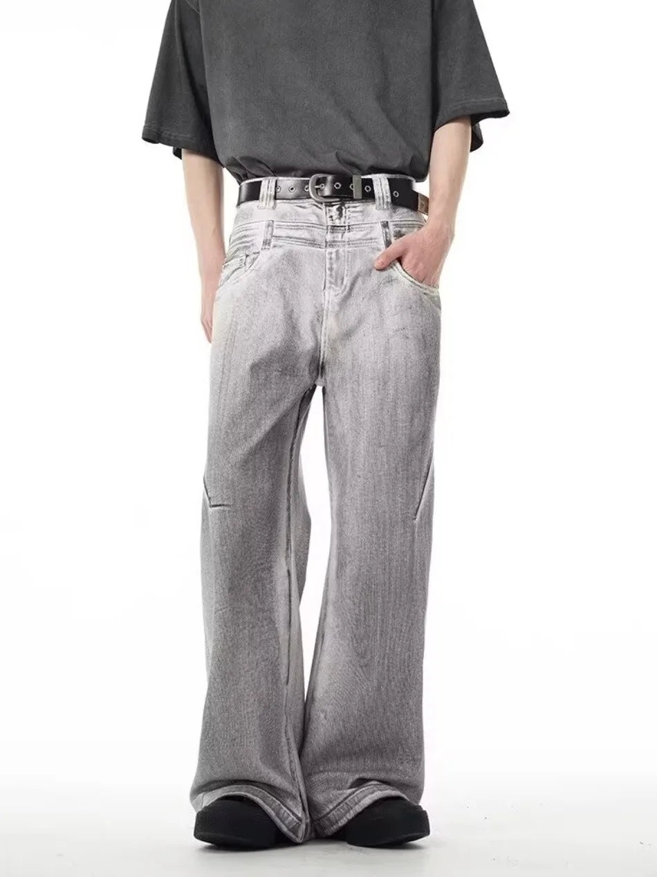 street mens jeans hip hop double waist head gradient smudging trend denim pants y2k 2024 new streetwear american cowboy trousers unique jeans style 473