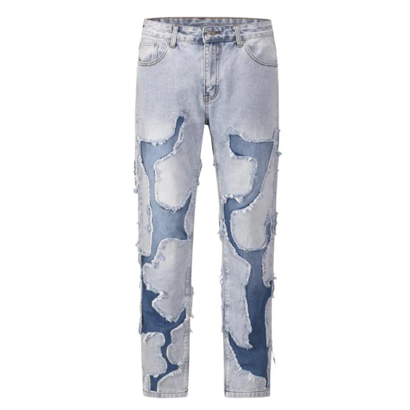 ripped irregular patchwork design denim jeans men casual zipper biker trousers jeans fashion streetwear hip hop pants joggers urban active pants