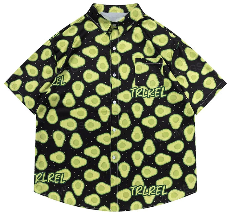 Men Summer Green All Over Printed Shirt Hawaiian Beach Casual Top Unisex