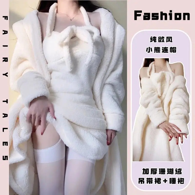 Cute hooded pajama for women in autumn and winter thickened coral fleece sexy sleepwear girl style suspender night gown set
