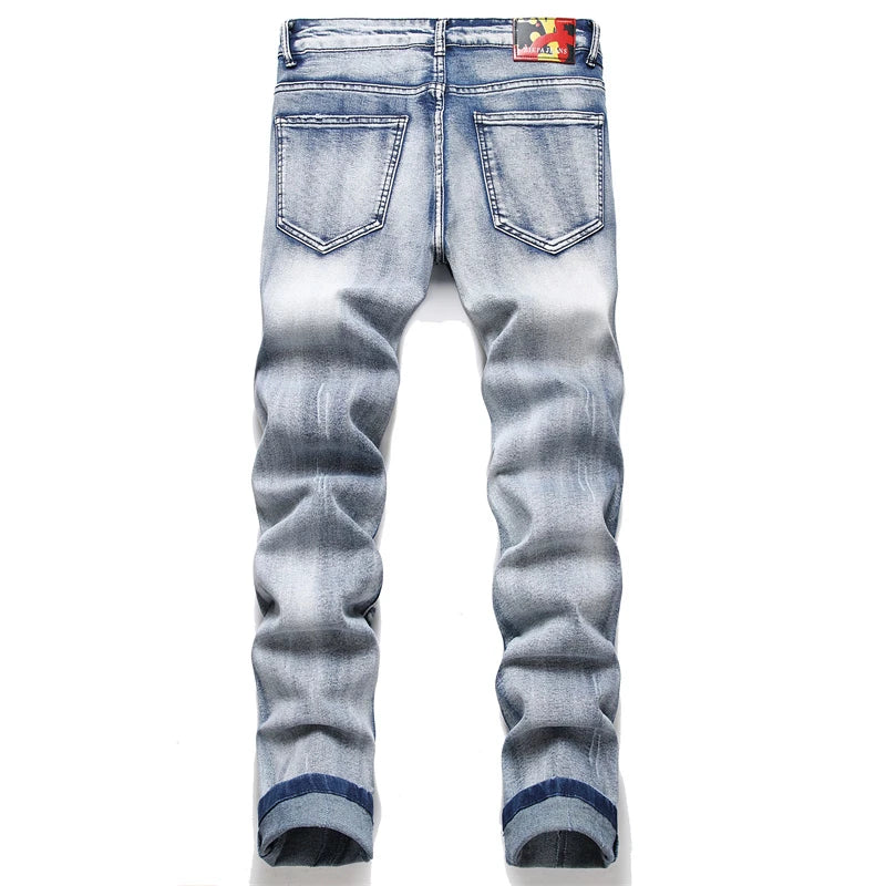 fashion skull graffiti jeans lightning printed denim pants mens distressed biker jeans streetwear slim hip hop pants joggers unique joggers style 344