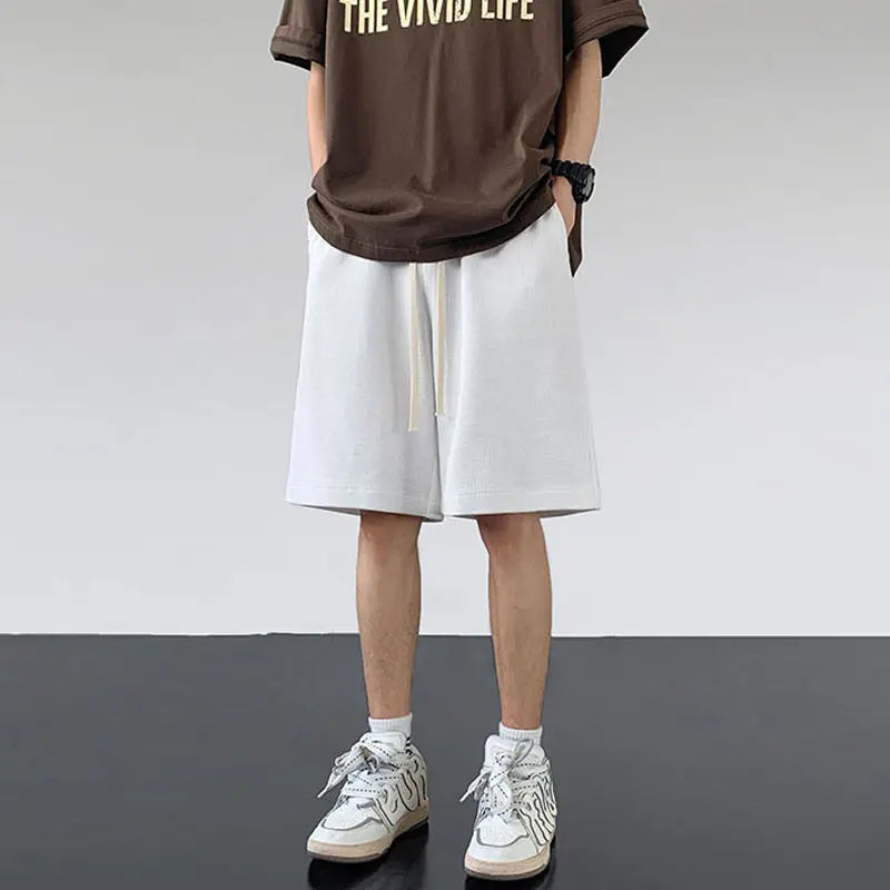 korean sports shorts men new summer hot style loose casual waffle five point pants teenagers solid color versatile niche pants unique shorts style 2140