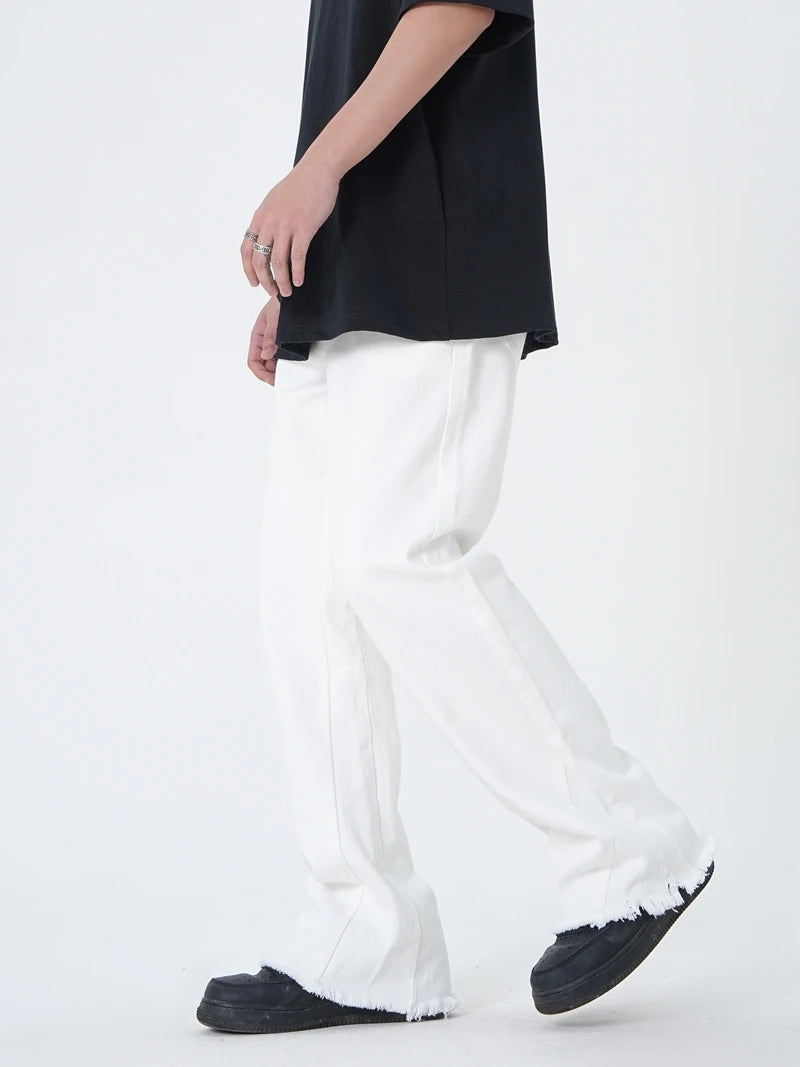 high street micro flare denim pants slim white jeans overall mens fashion casual vibe relaxed solid color washing jeans pants unique jeans style 2021
