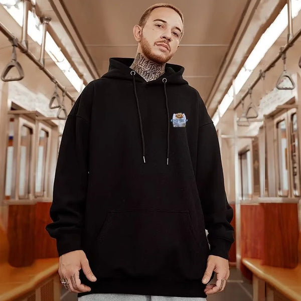 New Never Give Up Bear Printed Hoodies For Men Hip Hop Streetwear Pocket Pullover Sweatshirts Autumn Y2K Vintage Fleece Hoodie