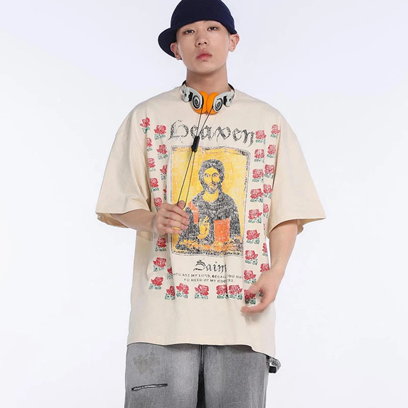 Y2K Graphic Tee – Saint T Shirts Men Woman New Rose Portrait Printing O Neck S – Urban Streetwear for Men & Women