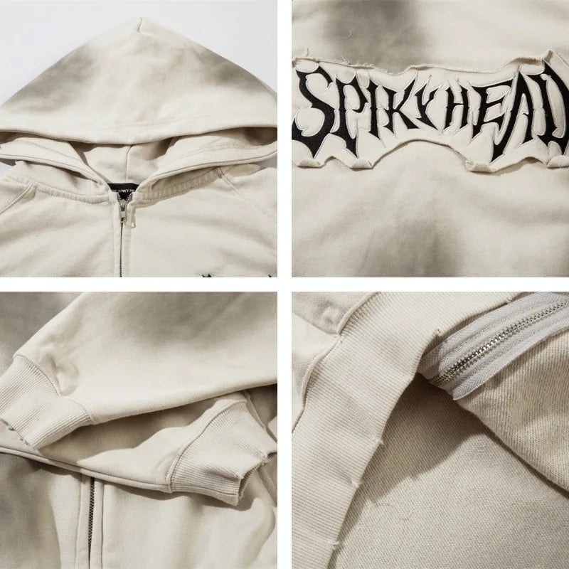 Vintage Zip Up Hoodie Jacket Y2K Punk Gothic Loose Washed Hooded Sweat