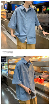 American summer thin denim shirt for men and women loose fit hip-hop short sleeved retro personality casual street top harajuku