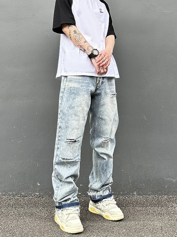 destroy ripped holes high street pants mens casual harajuku zipper straight trousers hip hop fashion streetwear baggy joggers urban active pants