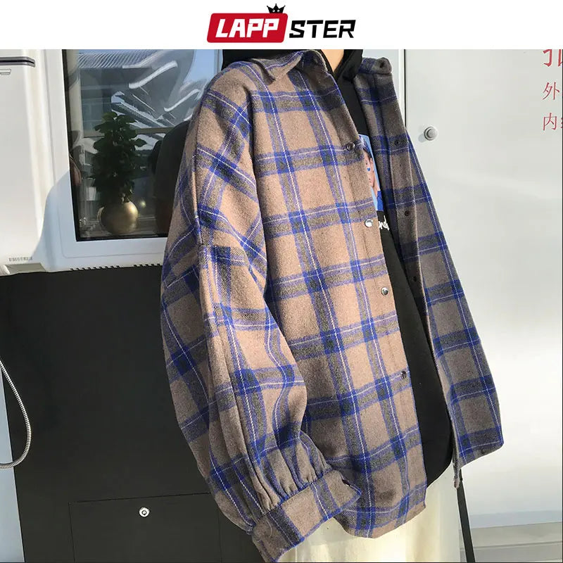 Y2k Harajuku Harajuku Plaid Shirt 2023 Man Streetwear Fleece Shirts Long Sleeve Mens Vintage Korean Fashions Clothes