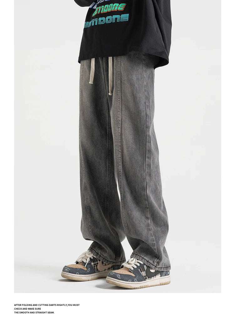 fashion loose streetwear denim pants unisex casual drewstring elastic waist jean pants hip hop trousers joggers mens baggy jeans unique joggers style 3263