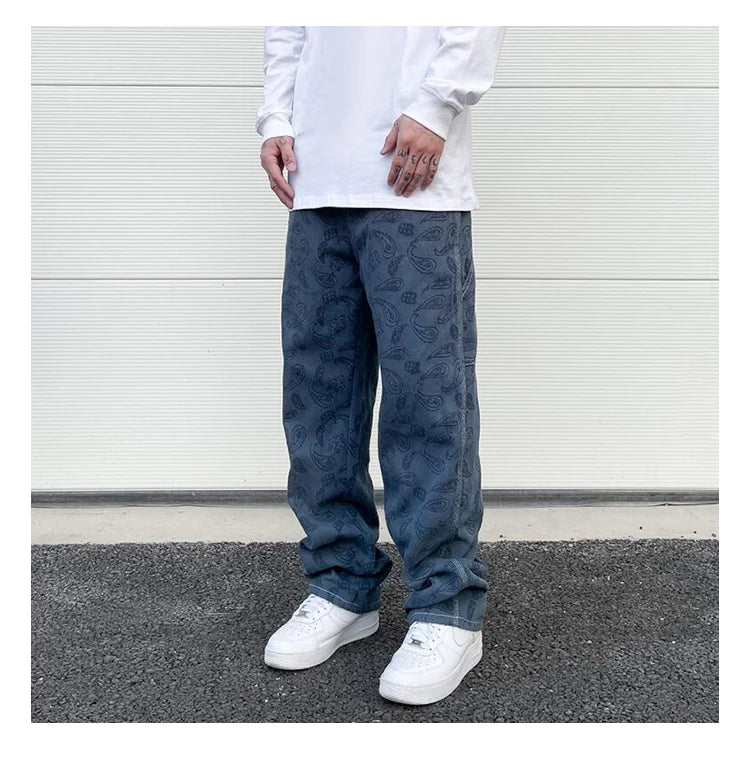 hip hop straight denim jeans pants fashion zipper paisley jeans streetwear mens new casual loose trousers jean pants joggers unique joggers style 4053