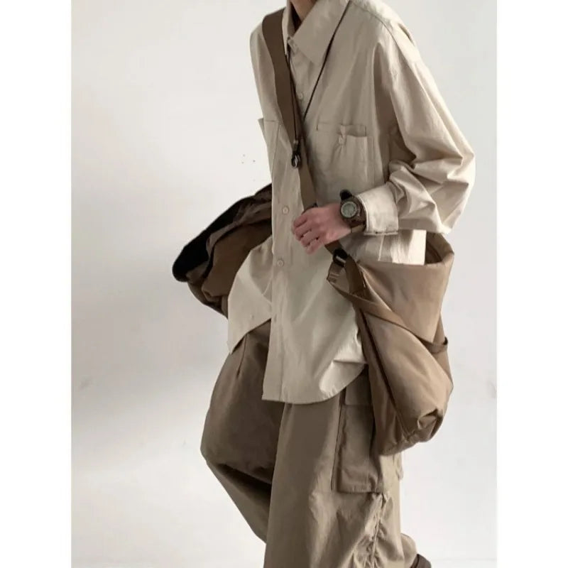 japanese street mens 3 piece set multi pocket camping vest solid cargo shirt side pockets casual pants suit couple trend set unique cargo style 4631