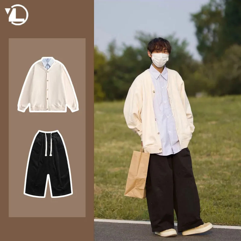 mens casual 2 pcs sets fake two pieces cotton shirt corduroy street wide leg pants sets japanese college retro couples suit unique default style 4575