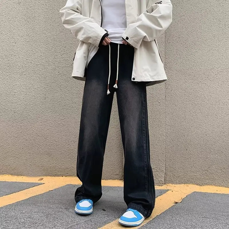 men jeans straight leg jeans boys american fashion wash old side stripes wide leg pants autumn vintage overalls stacked flare jeans