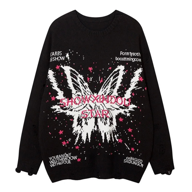 fashion butterfly knitted oversized sweater unisex o neck ripped holes knit pullover streetwear unisex loose sweaters clothing aesthetic street look hoodie, trendy hip hop style outerwear, Y2K vintage urban hoodie