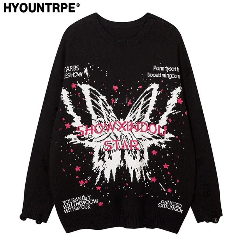 fashion butterfly knitted oversized sweater unisex o neck ripped holes knit pullover streetwear unisex loose sweaters clothing aesthetic street look hoodie, trendy hip hop style outerwear, Y2K vintage urban hoodie