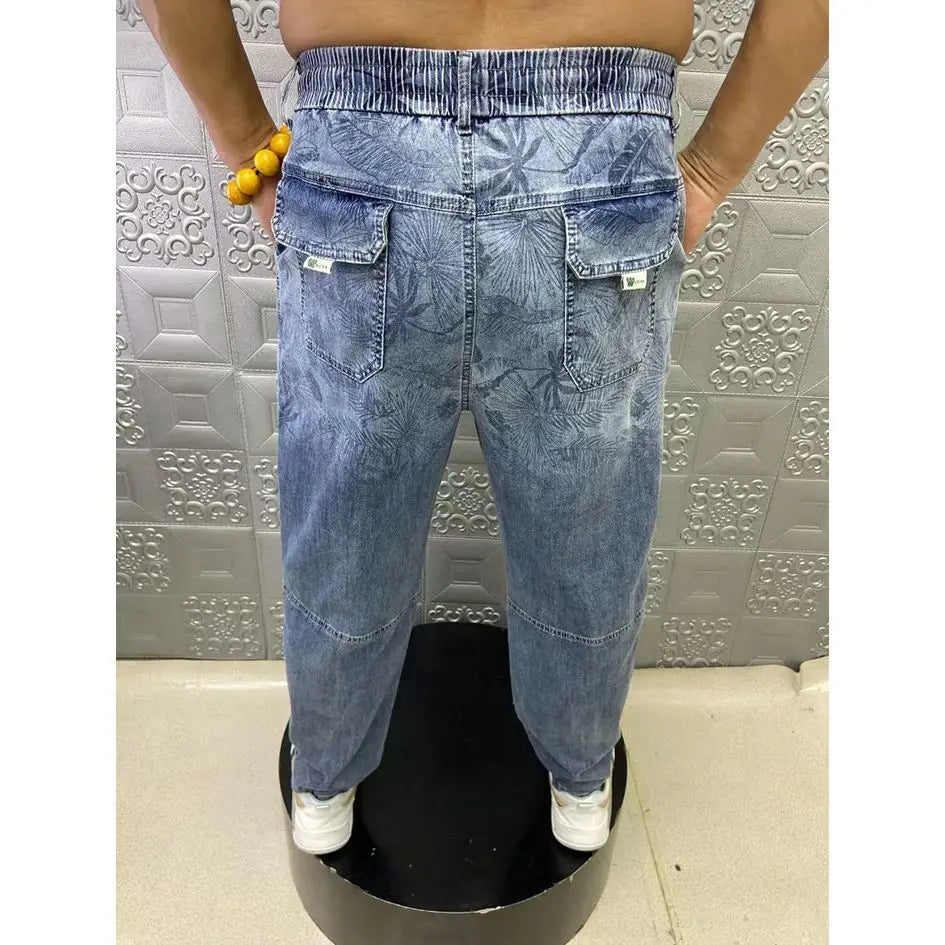 summer thin loose wide leg men jeans soft lyocell elastic fashion casual straight drawstring denim trousers black blue gray denim street jeans