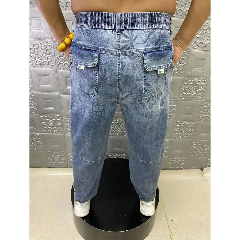 summer thin loose wide leg men jeans soft lyocell elastic fashion casual straight drawstring denim trousers black blue gray denim street jeans