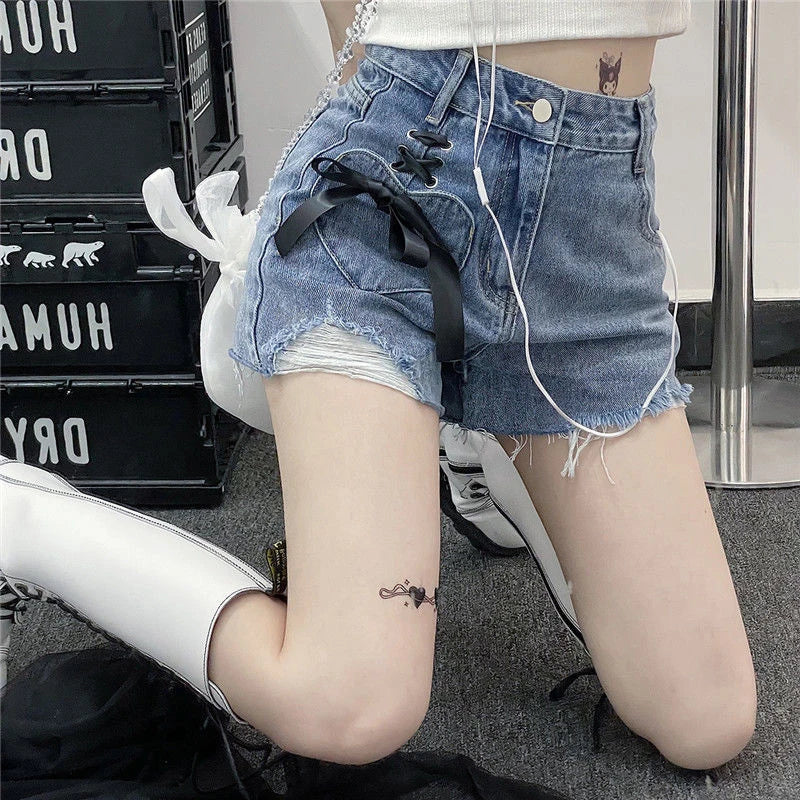 high waist women denim shorts summer fashion bow loose shorts korean casual female streetwear all match ripped pants unique jeans style 1314