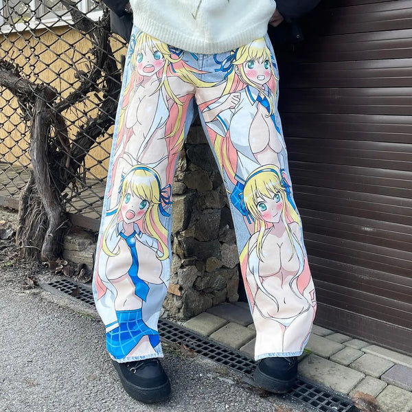 harajuku sunny sexy girl anime print baggy jeans new style wide leg trouser y2k popular streetwear men women high waist pants ripped baggy denim
