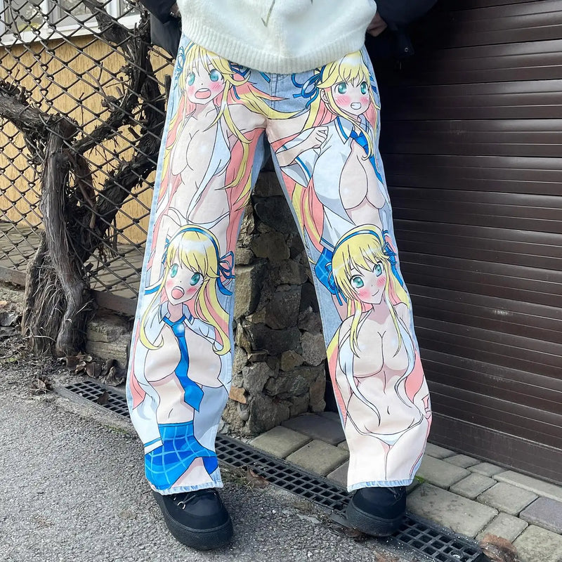 harajuku sunny sexy girl anime print baggy jeans new style wide leg trouser y2k popular streetwear men women high waist pants ripped baggy denim