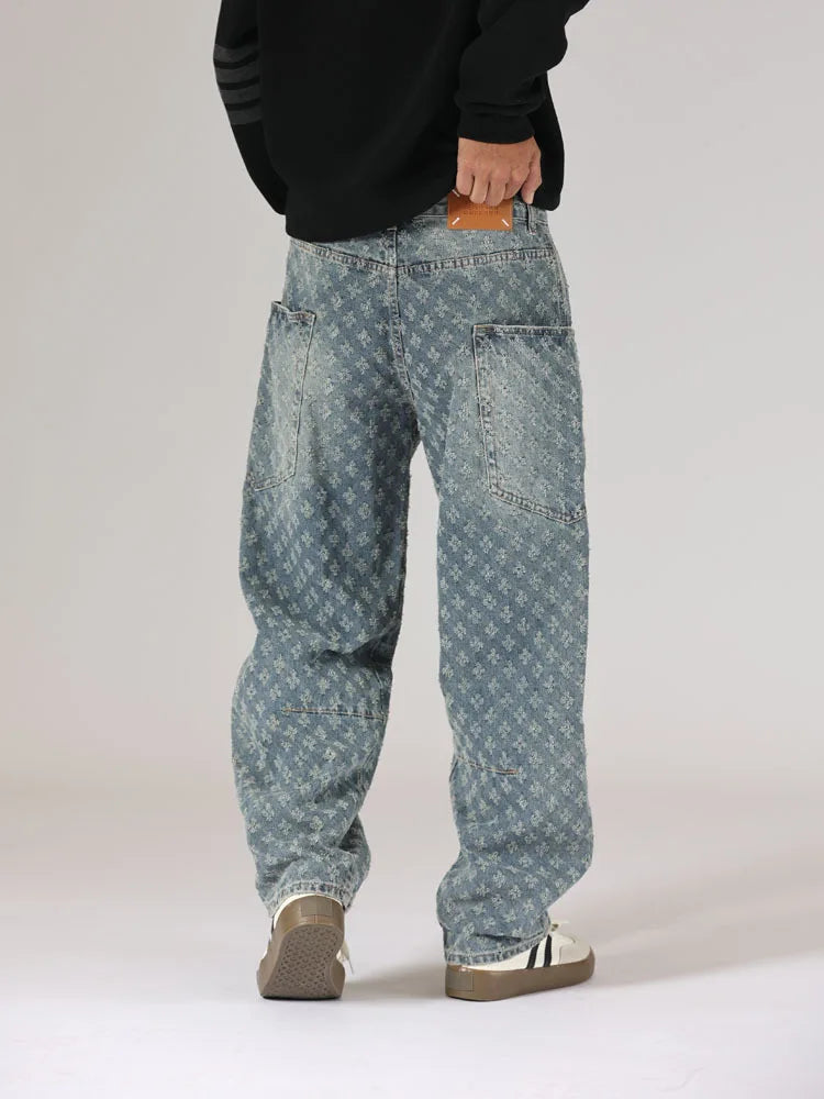 men brand fashion loose casual splice pocket jacquard vintage wide leg baggy jeans cityboy denim baggy jeans pants trousers unique jeans style 2971