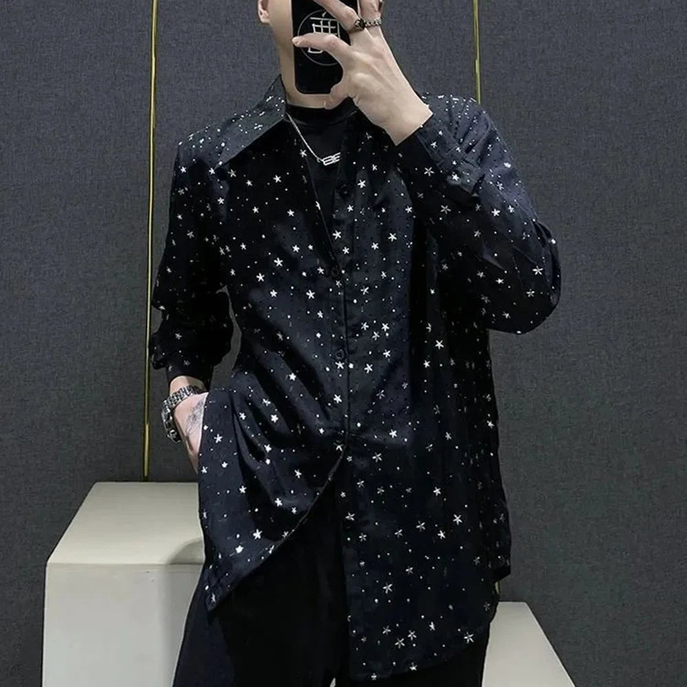 Mens Shirts Night Sky Print Shirts Summer Streetwear Light Breathable Campus Performance Long Sleeve Tops Men'S Clothing 2024