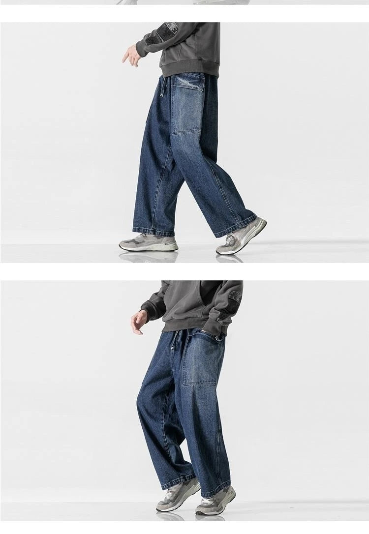 large size jeans basic denim pants solid color mens casual wide leg pants waist elastic hip hop baggy man trousers unique jeans style 386