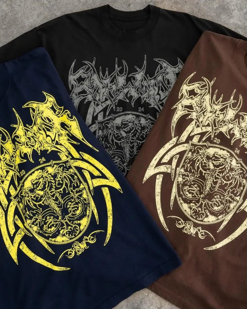Cyberpunk Anime panel – American Trendy Gothic Dragon Letter Printed Oversized T Shi