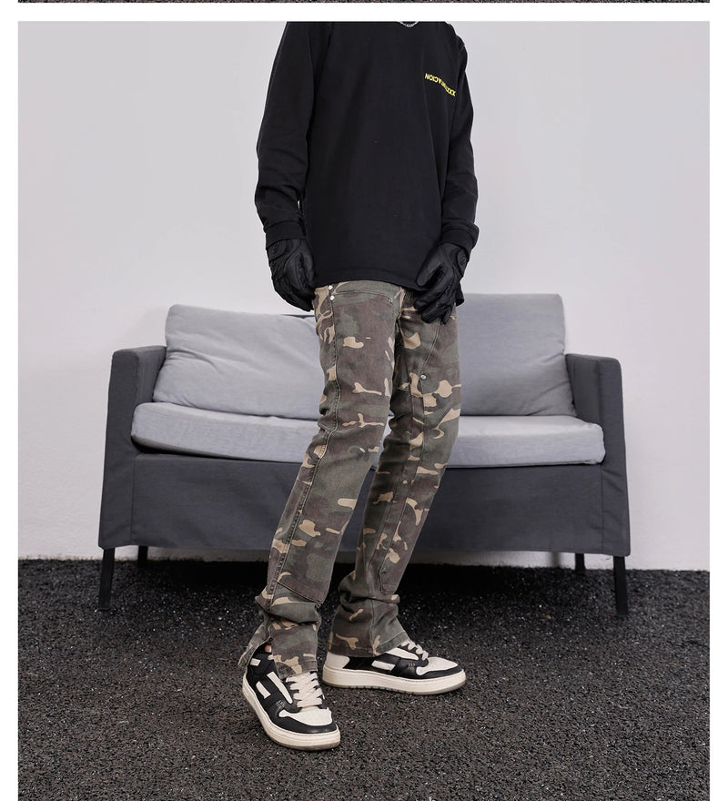 mens hip hop streetwear denim pants fashion camouflage pants 2023 harajuku cotton zipper joggers slim fit jeans trousers pants unique joggers style 2722