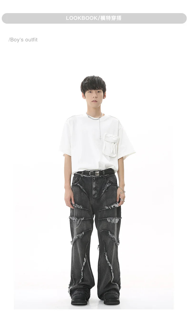 2023 european and american mens jeans new products personality trend hip hop fringed loose wide leg denim trousers unique jeans style 711