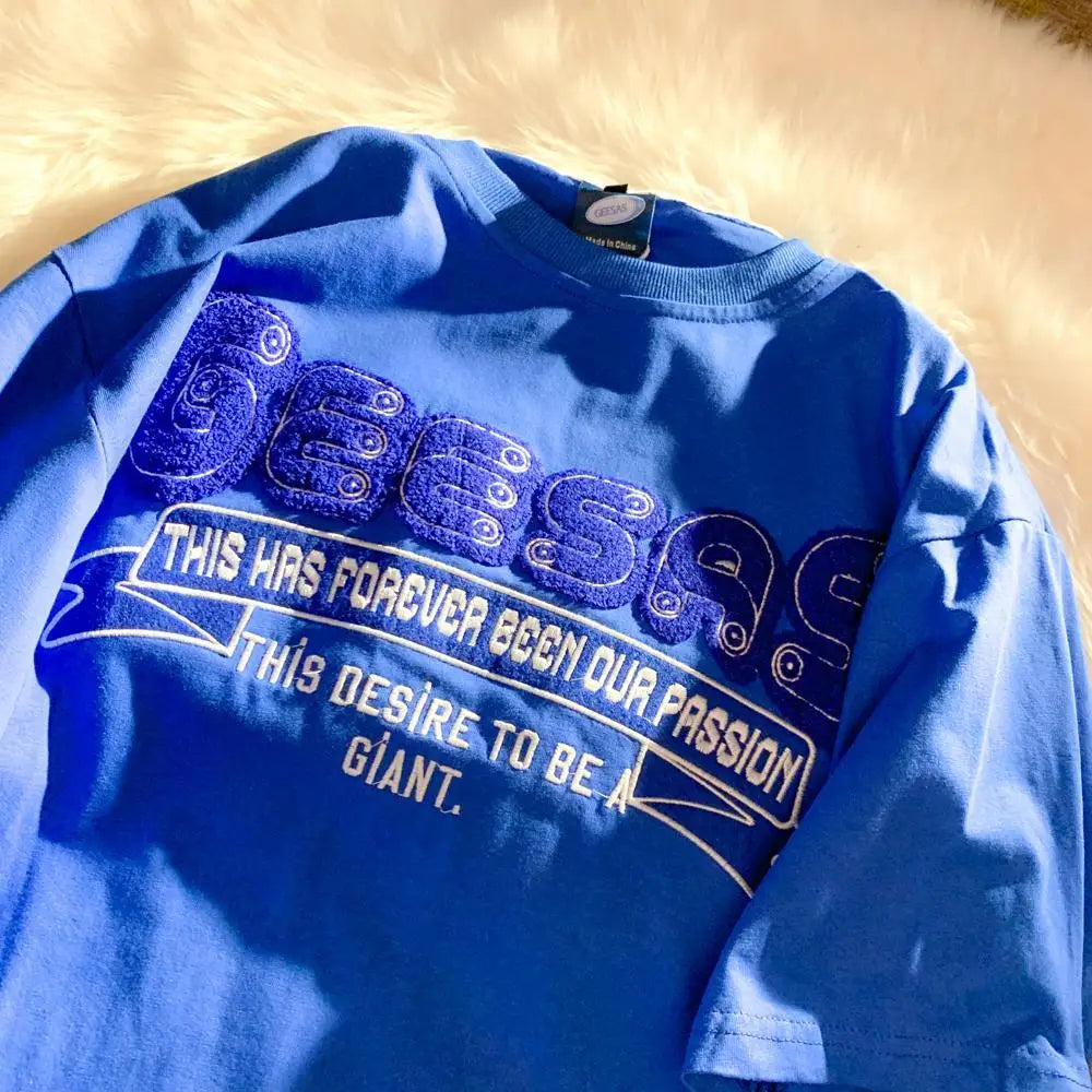 Harajuku Oversized Shirt – Retro Klein Blue Flocking Embroidery T Shirts Fashion Preppy – Modern Streetwear for Everyone