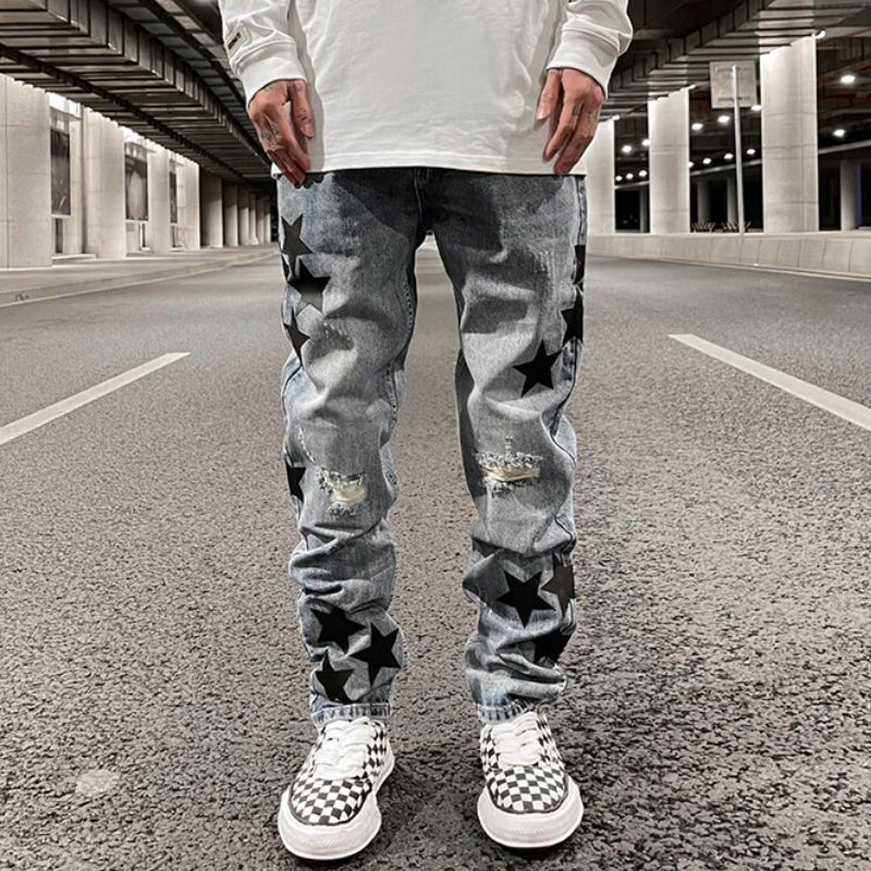 fashion ripped destroied jeans trousers distressed biker jeans with stars high street slim pants joggers denim jeans for men unique joggers style 3253
