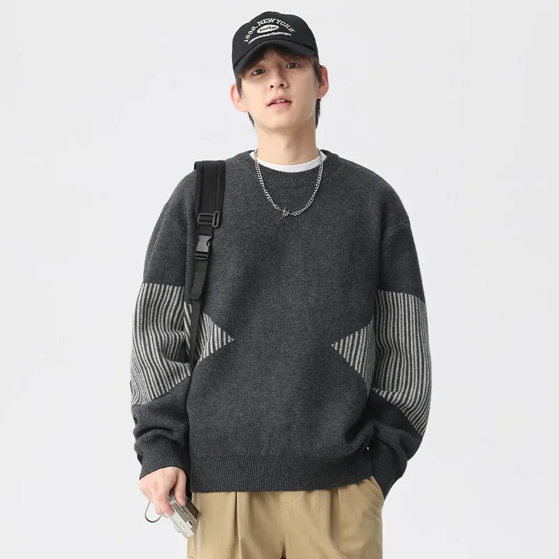 varsity graphic knit, unisex street look, trendy streetwear apparel for men and women
