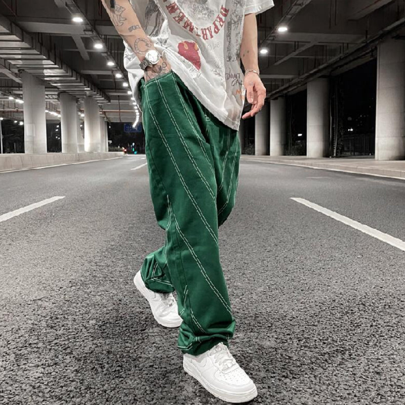 fashion design lines denim jeans mens zipper loose straight trousers hip hop new casual streetwear pants joggers baggy jeans unique joggers style 1450