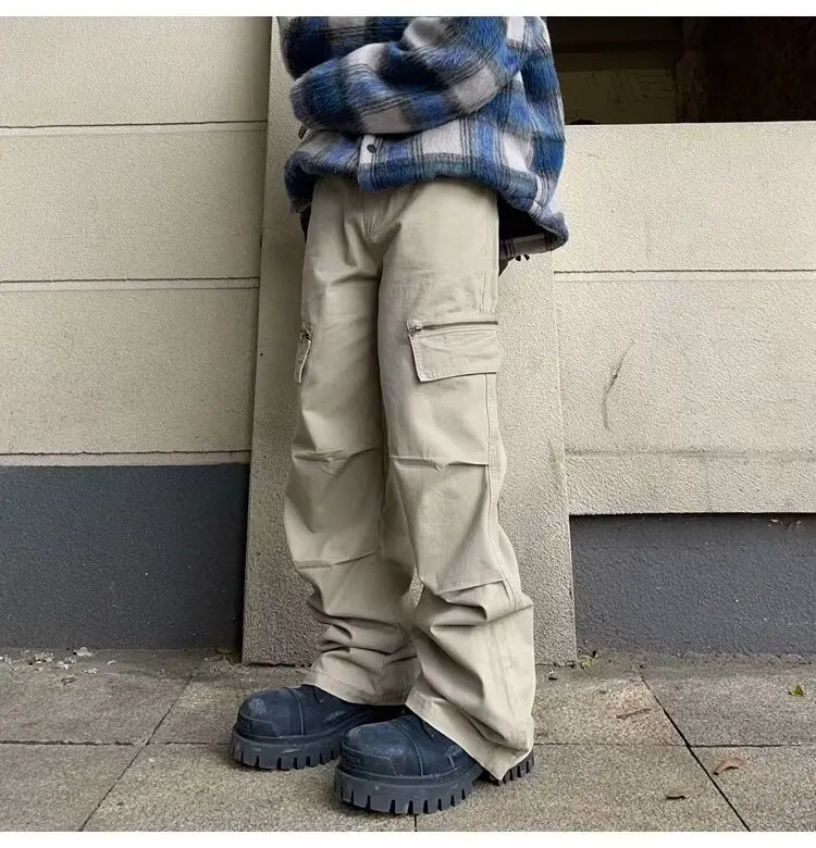 brand pants casual pants multi pockets checked cloth straight loose solid korean multi pocket fashions harem trousers cargo pant combat utility trousers
