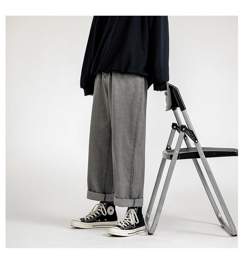 korean fashion mens baggy jeans classic all match solid color straight leg denim wide leg pants male light blue grey black unique jeans style 1149